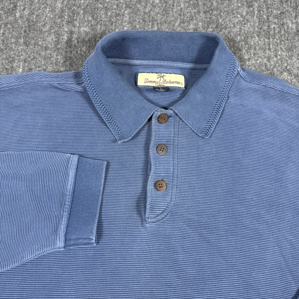 Tommy Bahama Men's Long Sleeve Polo Shirt Large L Blue 72% Silk Cotton Blend